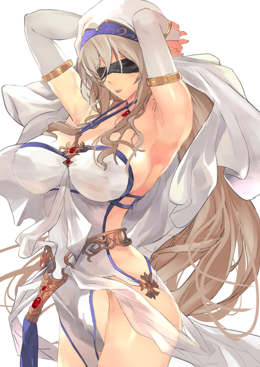 1girl absurdres armpits arms_up bangs bare_shoulders blindfold blonde_hair breasts cleavage dress goblin_slayer! headband highres huge_breasts jewelry large_breasts long_hair necklace open_mouth parted_lips solo sword_maiden thighs white_dress yuu_(asaiyuji)