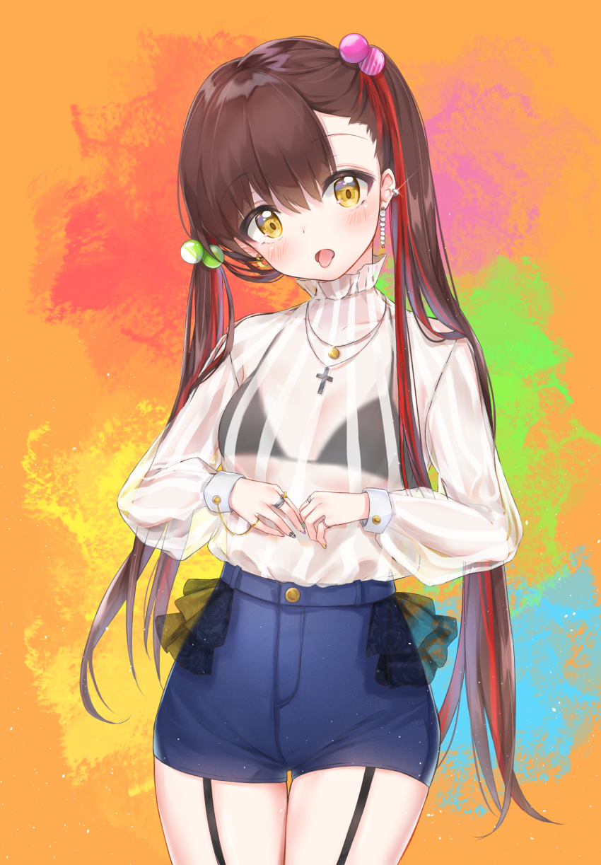 1girl :o black_bra blue_shorts bra breasts brown_eyes brown_hair collarbone cowboy_shot cross cross_necklace cuna_(qunya) ear_piercing earrings garter_straps glint hair_bobbles hair_ornament head_tilt high_collar highres jewelry latin_cross long_hair long_sleeves looking_at_viewer multicolored multicolored_hair multicolored_nails nail_art nail_polish necklace open_mouth original piercing redhead ring see-through shirt shirt_tucked_in short_shorts shorts small_breasts solo standing striped striped_shirt tongue tongue_out twintails two-tone_hair underwear very_long_hair white_shirt