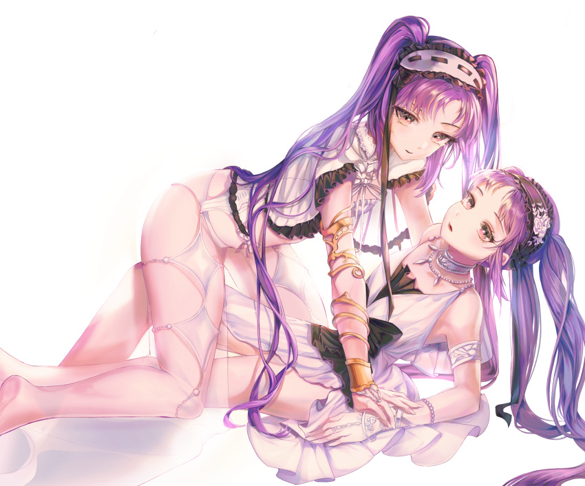 2girls absurdres armlet bangs dress ei_(tndusdldu) euryale fate/grand_order fate_(series) frilled_hairband frills hairband headdress highres jewelry legs lolita_fashion lolita_hairband long_hair looking_at_viewer multiple_girls parted_lips purple_hair revealing_clothes siblings simple_background sisters stheno thighs twins twintails very_long_hair violet_eyes white_background white_dress
