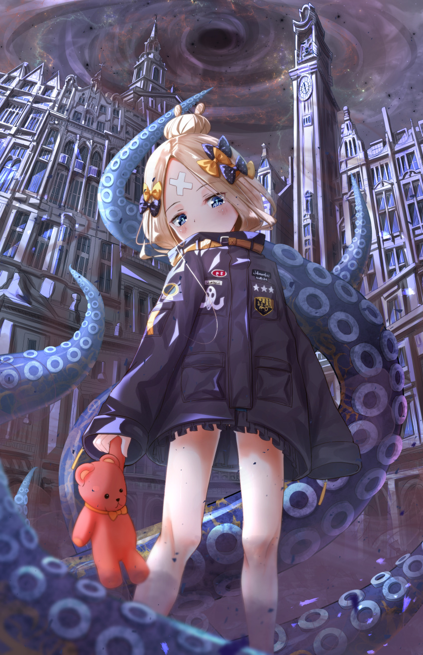 1girl abigail_williams_(fate/grand_order) absurdres bangs black_bow black_jacket blonde_hair blue_eyes blush bow building clock clock_tower commentary_request covered_mouth crossed_bandaids day eyebrows_visible_through_hair fate/grand_order fate_(series) hair_bow hair_bun head_tilt heroic_spirit_traveling_outfit highres holding holding_stuffed_animal jacket lightning long_hair long_sleeves looking_at_viewer orange_bow outdoors parted_bangs polka_dot polka_dot_bow sakazakinchan sleeves_past_fingers sleeves_past_wrists solo standing stuffed_animal stuffed_toy suction_cups teddy_bear tentacle tower