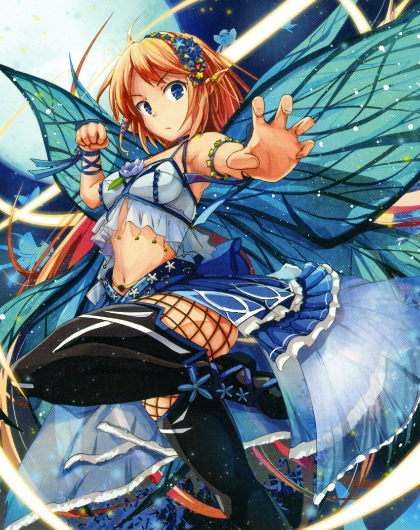 1girl absurdres ahoge bangs black_footwear black_legwear blonde_hair blue_eyes blue_flower blue_ribbon blue_skirt bracelet breasts cleavage clenched_hand closed_mouth crop_top fairy fighting_stance fishnet_pantyhose fishnets flower frown full_moon highres insect_wings jewelry leg_up long_hair looking_at_viewer medium_breasts midriff moon navel night official_art pantyhose pixie_(ragnabreak) pointy_ears ribbon scan shinma_x_keishou!_ragnabreak skirt sky solo sparkle standing standing_on_one_leg very_long_hair wings