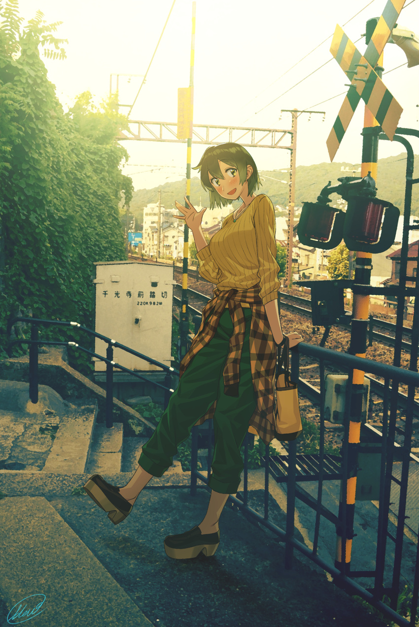 1girl alternate_costume blew_andwhite brown_footwear brown_hair building cityscape clothes_around_waist full_body green_pants highres hiryuu_(kantai_collection) jacket_around_waist jewelry kantai_collection necklace one_side_up outdoors pants railing short_hair solo stairs standing sweater yellow_sweater