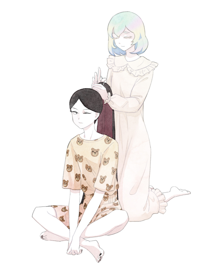 2others alternate_costume androgynous barefoot black_eyes black_hair bort closed_eyes colored_eyelashes contemporary diamond_(houseki_no_kuni) full_body highres houseki_no_kuni indian_style long_hair multicolored_hair multiple_others mydeerwitch nightgown one_eye_closed pajamas ponytail rainbow_hair short_hair sitting two-tone_hair white_background