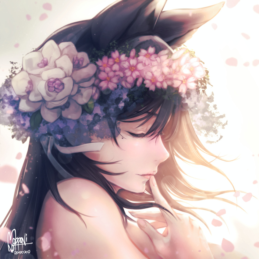 1girl animal_ears atago_(azur_lane) atago_(white_promise)_(azur_lane) azur_lane bangs black_hair blurry blush bokeh breasts closed_eyes closed_mouth depth_of_field dress extra_ears eyebrows_visible_through_hair finger_to_mouth floating_hair flower hair_between_eyes hair_flower hair_ornament hair_ribbon highres large_breasts long_hair mappaninatta mole mole_under_eye petals portrait profile ribbon sidelocks signature smile solo swept_bangs white_dress white_ribbon wreath