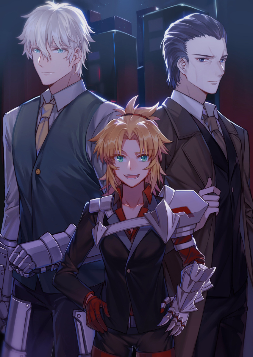 1girl 2boys absurdres agravain_(fate/grand_order) alternate_costume armor asymmetrical_gloves bangs black_hair blonde_hair blue_eyes brown_neckwear building collarbone collared_shirt fate/apocrypha fate/extra fate/grand_order fate_(series) formal gauntlets gawain_(fate/extra) gloves green_eyes hair_between_eyes hands_on_hips highres long_hair long_sleeves looking_at_viewer mordred_(fate) mordred_(fate)_(all) multiple_boys necktie night night_sky open_mouth red_gloves shirt short_hair sky smile star_(sky) suit yellow_neckwear yorukun