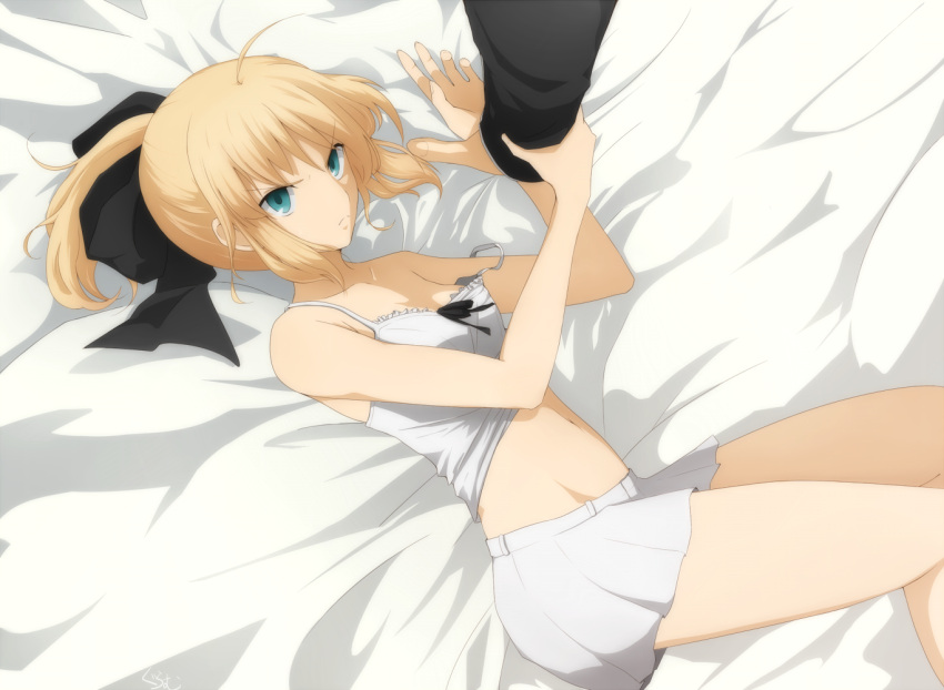 1boy 1girl ahoge artoria_pendragon_(all) bed_sheet black_bow blonde_hair blue_eyes bow breasts cleavage collarbone eyebrows_visible_through_hair fate/grand_order fate_(series) groin hair_between_eyes hair_bow high_ponytail long_hair long_sleeves lying miniskirt navel off_shoulder on_back pikoguramyu pleated_skirt saber_lily shirt shirt_lift skirt sleeveless sleeveless_shirt small_breasts v-shaped_eyebrows white_shirt white_skirt wrist_grab