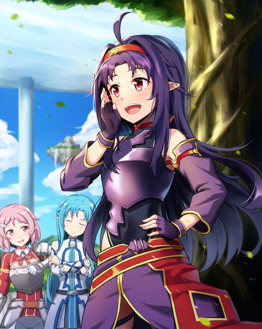 1girl 3girls acso ahoge asuna_(sao-alo) bare_shoulders black_gloves blue_eyes blue_hair breastplate breasts clouds cloudy_sky commentary_request day detached_sleeves eyebrows_visible_through_hair fingerless_gloves floating_island gauntlets gloves hair_ornament hairband hairclip highres lisbeth long_hair multiple_girls open_mouth orange_hairband outdoors pink_eyes pink_hair pointy_ears purple_hair red_eyes short_hair sky smile sword_art_online tree very_long_hair yuuki_(sao)