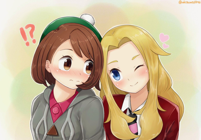 2girls ;) bangs blonde_hair blue_eyes blush brown_eyes brown_hair closed_mouth commentary_request creatures_(company) eye_contact female_protagonist_(pokemon_swsh) game_freak green_hat hair_between_eyes hat heart jacket long_hair looking_at_another multiple_girls necktie nintendo one_eye_closed pokemon pokemon_(game) pokemon_swsh school_uniform shirt short_hair simple_background smile tam_o'_shanter uniform unnamed_girl_(pokemon_swsh) white_shirt whitecats5096 yuri
