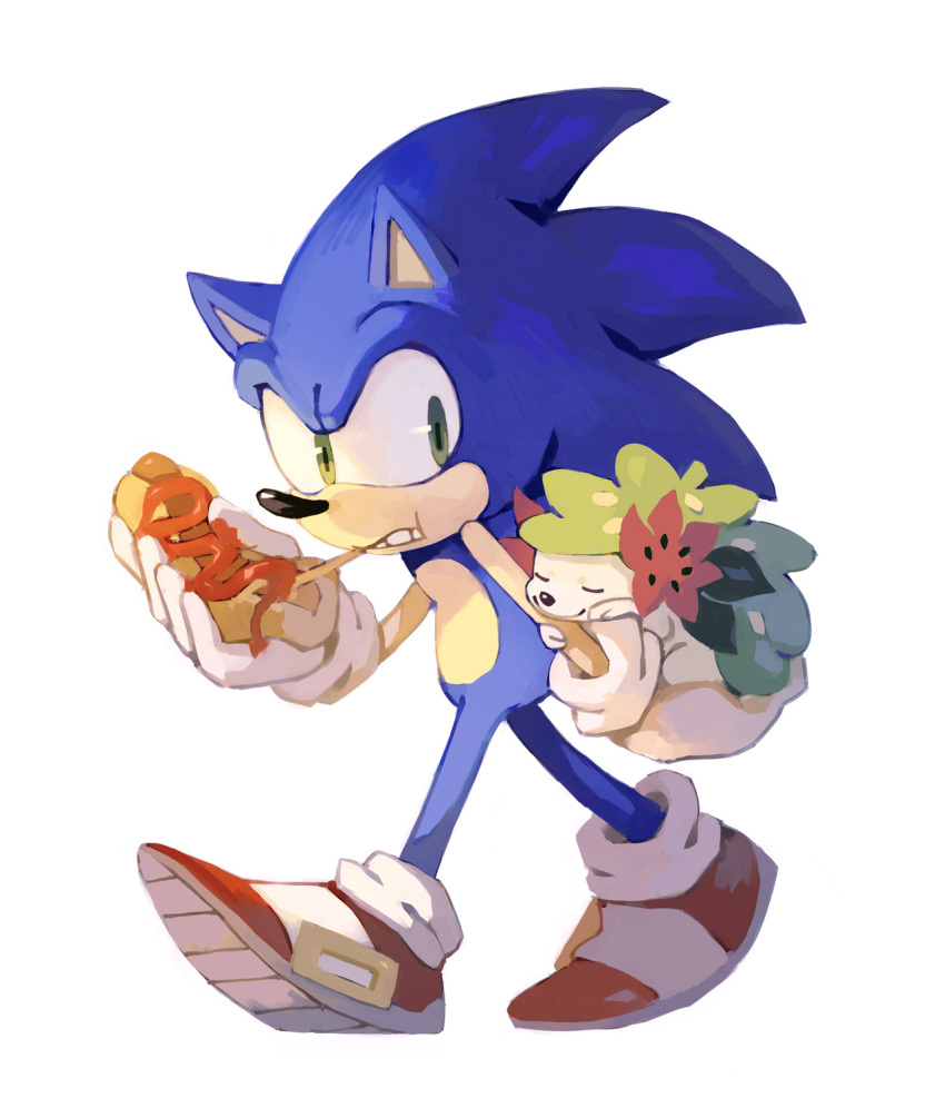2others bluekomadori creature creatures_(company) eating food furrowed_eyebrows game_freak gen_4_pokemon gloves happy hedgehog highres holding holding_food holding_pokemon hot_dog nintendo no_humans pokemon pokemon_(creature) red_footwear sega shaymin shoes simple_background smile sonic sonic_the_hedgehog sora_(company) specie_connection super_smash_bros. trait_connection walking white_background white_gloves