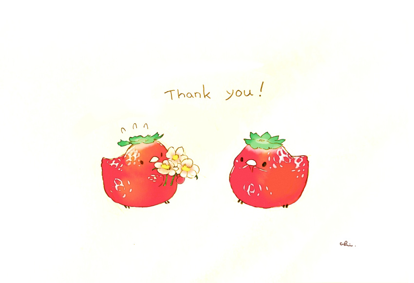 2others animal artist_name bird chai commentary_request flower flying_sweatdrops food fruit highres holding holding_flower leaf looking_at_another multiple_others no_humans original simple_background strawberry white_background white_flower