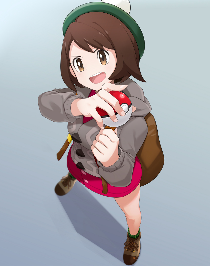 1girl backpack bag bangs brown_eyes brown_footwear brown_hair cardigan creatures_(company) female_protagonist_(pokemon_swsh) from_above game_freak giba_(out-low) green_hat green_legwear grey_sweater hat highres holding holding_poke_ball hood hooded_sweater long_sleeves looking_at_viewer miniskirt nintendo open_mouth pink_shirt pink_skirt plaid plaid_legwear poke_ball pokemon pokemon_(game) pokemon_swsh shirt short_hair simple_background skirt smile socks solo spread_legs standing sweater tam_o'_shanter