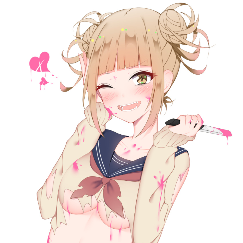 1girl bangs blonde_hair blood blood_on_face bloody_clothes bloody_hands bloody_weapon blunt_bangs blush boku_no_hero_academia breasts cardigan collarbone double_bun eyebrows_visible_through_hair fangs giryu highres knife long_sleeves looking_at_viewer messy_hair one_eye_closed open_mouth pink_blood pink_heart school_uniform serafuku short_hair simple_background small_breasts smile solo teeth toga_himiko torn_clothes weapon yellow_eyes