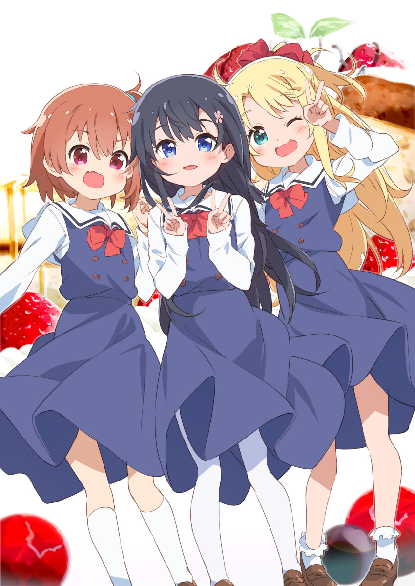 3girls :d ;d absurdres aqua_eyes arm_up black_hair blonde_hair blue_dress blue_eyes blurry blurry_background blurry_foreground blush bobby_socks bow brown_footwear brown_hair commentary_request depth_of_field double_v dress fang flower food fruit hair_bow hair_flower hair_ornament high_ponytail highres himesaka_noa hoshino_hinata kneehighs loafers long_hair long_sleeves mousou_(mousou_temporary) multiple_girls one_eye_closed open_mouth pantyhose pink_flower ponytail red_bow red_eyes sailor_collar sailor_dress school_uniform shirosaki_hana shirt shoes sleeveless sleeveless_dress smile socks strawberry v very_long_hair watashi_ni_tenshi_ga_maiorita! white_background white_legwear white_sailor_collar white_shirt