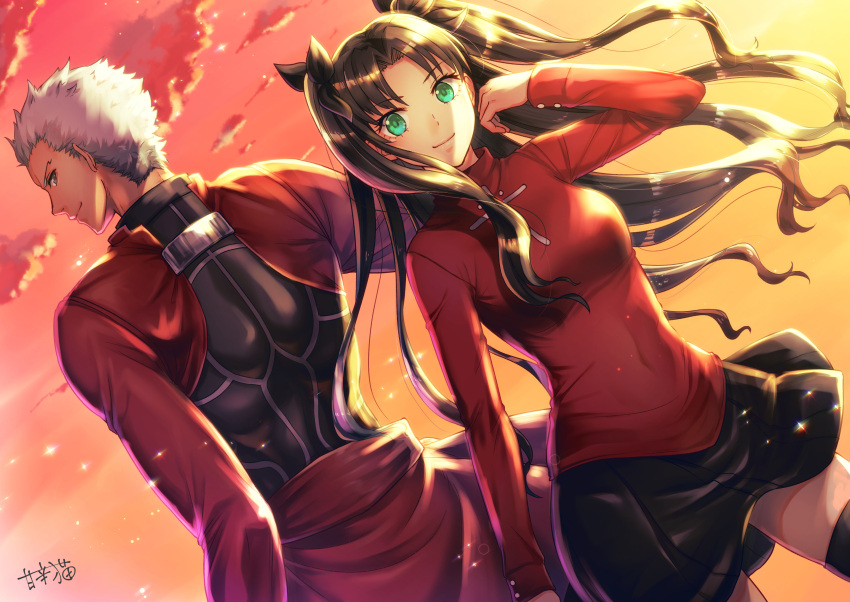 1boy 1girl absurdres archer back-to-back black_bow black_legwear black_skirt bow breasts brown_hair clouds covered_navel day fate/stay_night fate_(series) floating_hair gradient_sky green_hair hair_bow hand_in_hair highres long_hair long_sleeves looking_at_viewer looking_back medium_breasts miniskirt orange_sky outdoors outstretched_arm raito_(latek) red_shirt red_sky shirt silver_hair skirt sky smile thigh-highs tohsaka_rin twintails very_long_hair zettai_ryouiki
