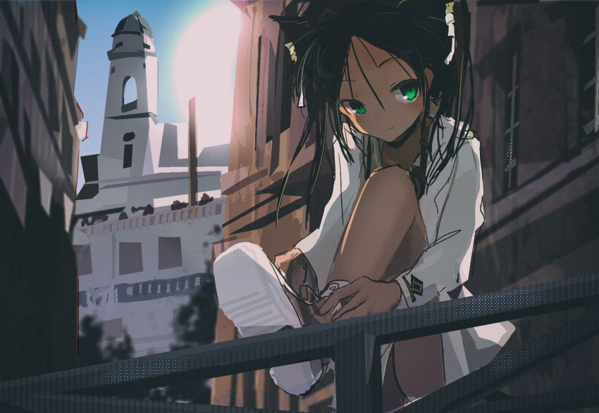 1girl black_hair blurry building choker city depth_of_field francesca_lucchini green_eyes hair_ribbon highres kabuyama_kaigi looking_at_viewer putting_on_shoes railing ribbon shoes sitting sky smile sneakers solo strike_witches sun sunlight tan twintails world_witches_series