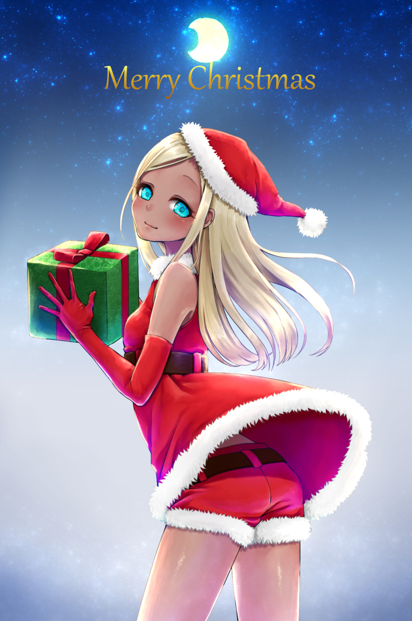 1girl bare_shoulders blonde_hair blue_eyes christmas closed_mouth cowboy_shot crescent_moon dark_skin elbow_gloves fur-trimmed_hat fur-trimmed_shorts fur_trim gift gloves hat highres holding holding_gift idolmaster idolmaster_cinderella_girls layla_(idolmaster) legs_apart looking_at_viewer minazukio9 moon pom_pom_(clothes) red_gloves red_hat red_shorts santa_costume santa_hat shorts smile solo star_(sky) straight_hair thighs