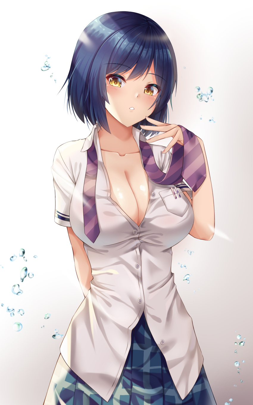 1girl absurdres amagi_korona blue_hair blue_skirt breast_pocket breasts cleavage collarbone collared_shirt commentary_request dress_shirt gradient gradient_background hand_up highres large_breasts looking_at_viewer necktie nijisanji parted_lips partially_unbuttoned plaid plaid_skirt pocket shirt shizuka_rin short_hair short_sleeves skirt solo striped striped_neckwear upper_body virtual_youtuber water_drop white_shirt yellow_eyes