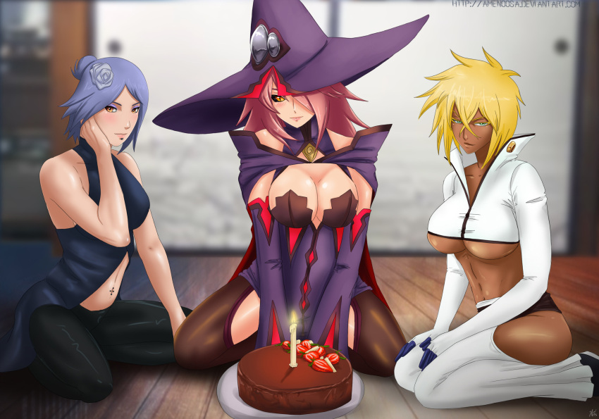 3girls abs amenoosa arrancar bare_shoulders birthday_cake black_gloves black_sclera blazblue blazblue:_central_fiction bleach blonde_hair blue_hair breasts cake cape cleavage commission crossover dark_skin espada facial_mark flower food gloves green_eyes hair_flower hair_ornament hair_over_one_eye hat highres konan konoe_a_mercury large_breasts lip_piercing long_hair looking_at_viewer multiple_girls naruto naruto_(series) naruto_shippuuden navel orange_eyes piercing pink_hair revealing_clothes short_hair sitting smile tagme thigh-highs tier_harribel under_boob witch_hat