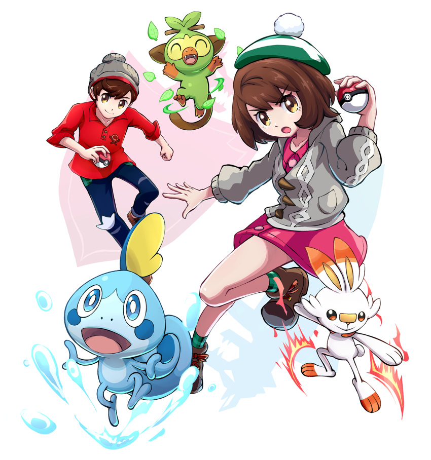 1boy 1girl bangs beanie blush brown_eyes brown_hair cardigan creatures_(company) female_protagonist_(pokemon_swsh) fire full_body game_freak gen_8_pokemon green_hat grookey hat highres holding holding_poke_ball krr316 leaf long_sleeves looking_at_viewer male_protagonist_(pokemon_swsh) nintendo open_mouth poke_ball poke_ball_(generic) pokemon pokemon_(creature) pokemon_(game) pokemon_swsh red_shirt scorbunny shield shirt short_hair simple_background smile sobble sword tam_o'_shanter water weapon white_background