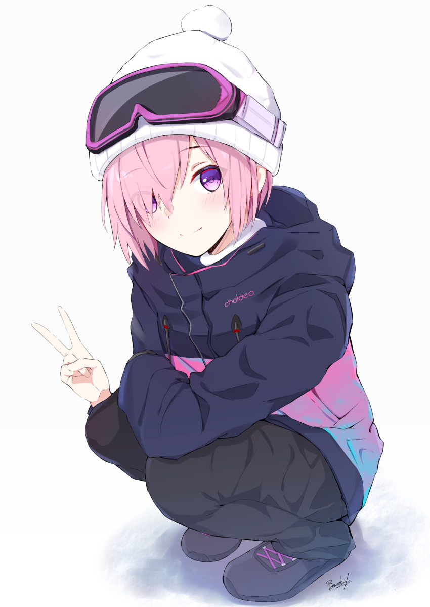 1girl absurdres bangs beanie bee_doushi black_footwear black_pants blush closed_mouth commentary_request eyebrows_visible_through_hair eyes_visible_through_hair fate/grand_order fate_(series) full_body goggles goggles_on_headwear grey_background hair_over_one_eye hat highres jacket long_sleeves looking_at_viewer mash_kyrielight pants pink_hair pink_jacket short_hair signature ski_goggles smile solo squatting v violet_eyes white_hat