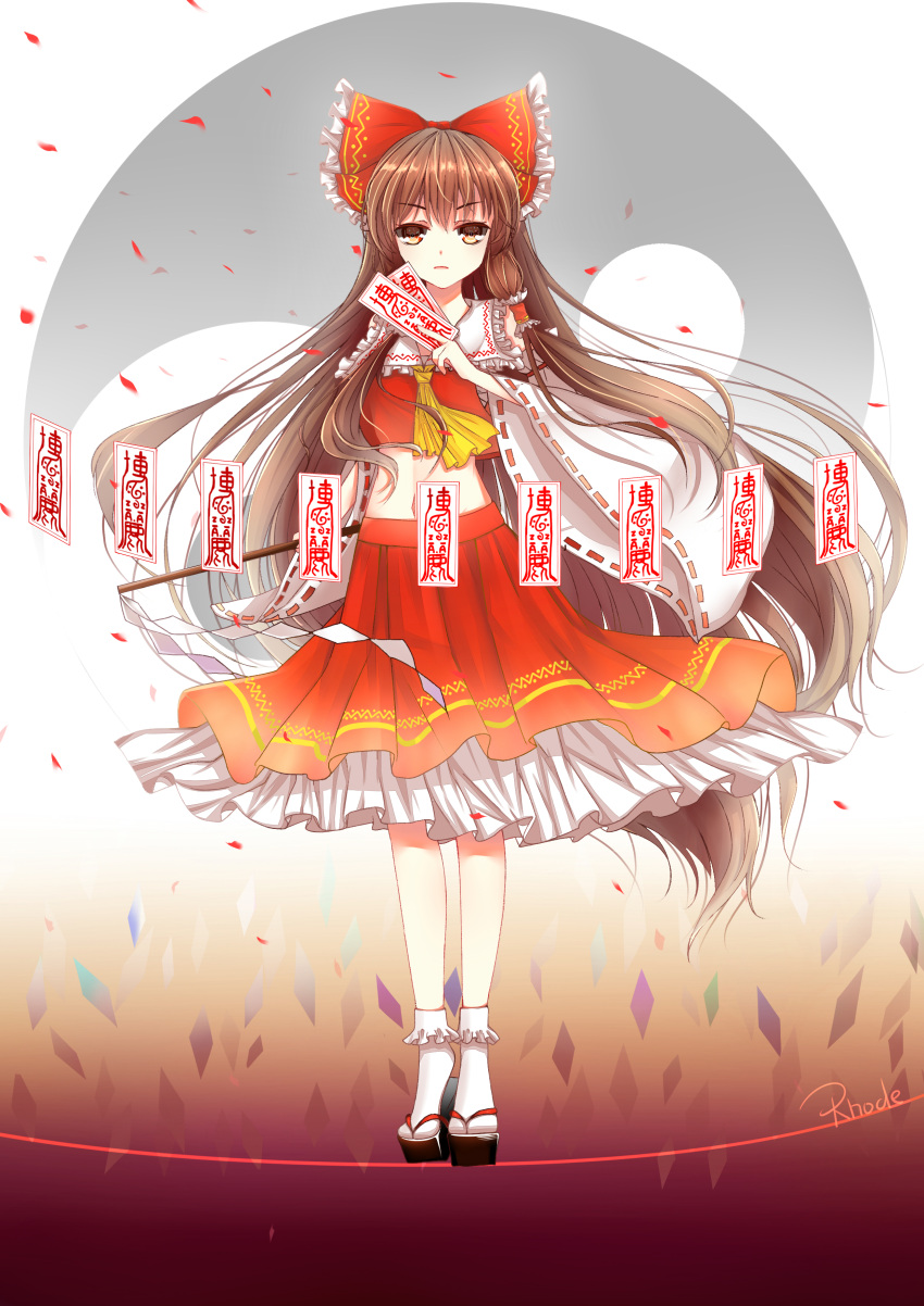 1girl absurdres artist_name bow brown_eyes brown_hair crop_top detached_sleeves eyebrows_visible_through_hair floating_hair frilled_bow frilled_legwear frills full_body hair_between_eyes hair_bow hair_tubes hakurei_reimu highres holding layered_skirt long_hair long_sleeves looking_at_viewer medium_skirt midriff navel parted_lips print_skirt red_bow red_skirt rhode ribbon-trimmed_sleeves ribbon_trim shiny shiny_hair skirt solo standing stomach tabi touhou very_long_hair white_legwear white_sleeves wide_sleeves yellow_neckwear