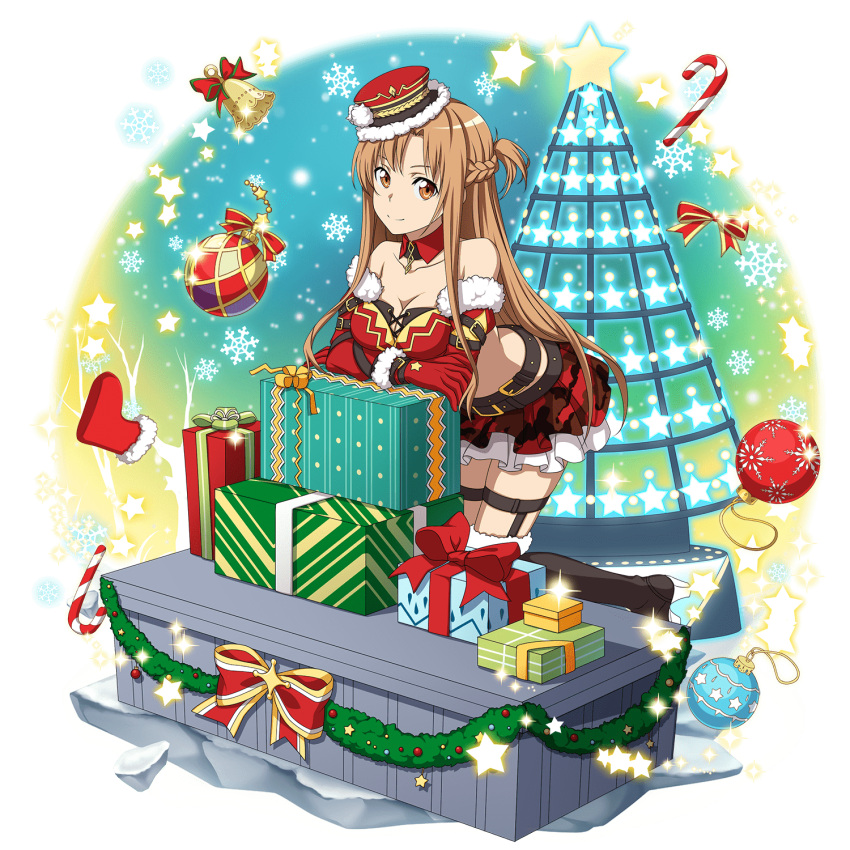 1girl asuna_(sao) bell black_footwear boots box braid breasts brown_eyes brown_hair choker christmas cleavage collarbone crossed_arms crown_braid elbow_gloves floating_hair fur-trimmed_boots fur-trimmed_gloves fur_hat fur_trim gift gift_box gloves hat highres kneeling layered_skirt leaning_forward long_hair looking_at_viewer medium_breasts midriff official_art pleated_skirt print_skirt red_gloves red_skirt shiny shiny_hair skirt smile solo stomach strapless striped sword_art_online thigh-highs thigh_boots thigh_strap very_long_hair