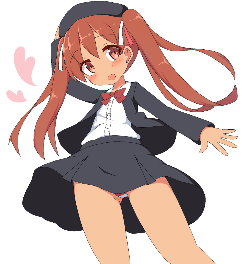 1girl :d bangs beret black_hat black_jacket black_skirt blazer blush bow bowtie brown_eyes brown_hair collared_shirt commentary_request dark_skin dress_shirt eyebrows_visible_through_hair gluteal_fold hair_between_eyes hair_ribbon hat head_tilt heart highres ichi jacket kantai_collection libeccio_(kantai_collection) long_hair long_sleeves open_blazer open_clothes open_jacket open_mouth panties pleated_skirt red_neckwear red_ribbon ribbon school_uniform shirt simple_background skirt sleeves_past_wrists smile solo striped striped_panties thighs twintails underwear very_long_hair white_background white_ribbon white_shirt