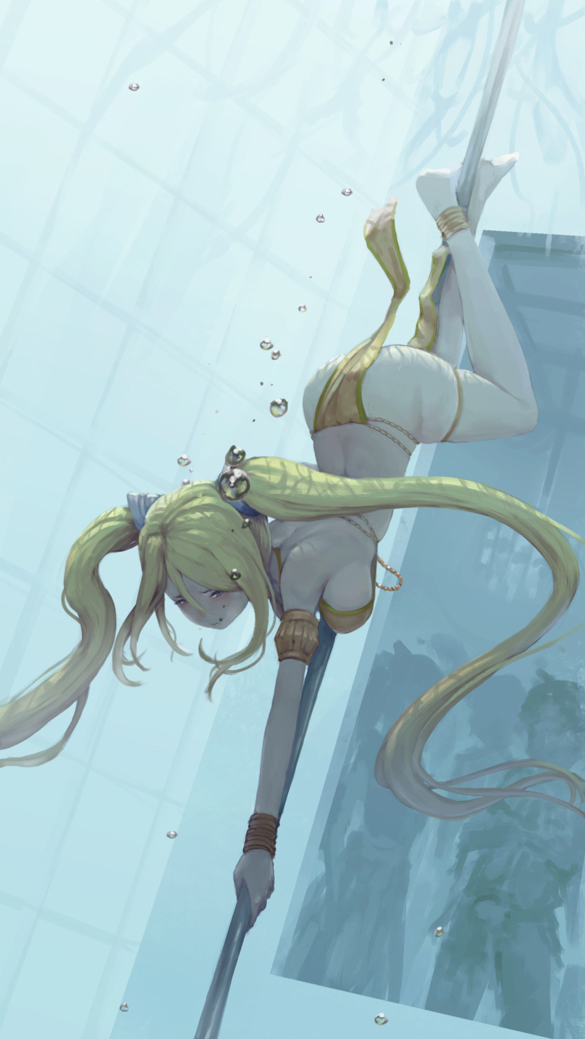 1girl absurdres air_bubble alternate_costume ass bare_arms bare_legs bare_shoulders bikini blonde_hair blush breasts brown_eyes bubble commentary english_commentary fairy_tail highres large_breasts long_hair lucy_heartfilia pole restrained rou_(rou22) solo_focus swimsuit twintails underwater wrist_cuffs
