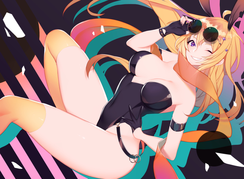 1girl animal_ears black_leotard blonde_hair breasts bunny_girl bunny_tail bunnysuit cleavage covered_navel eyewear_on_head fake_animal_ears fingerless_gloves gloves grin highres large_breasts leotard long_hair looking_at_viewer nail_polish nanoless one_eye_closed paid_reward patreon_reward rabbit_ears rwby scarf shiny shiny_hair shiny_skin smile solo strapless strapless_leotard sunglasses tail thigh-highs violet_eyes yang_xiao_long yellow_legwear yellow_neckwear