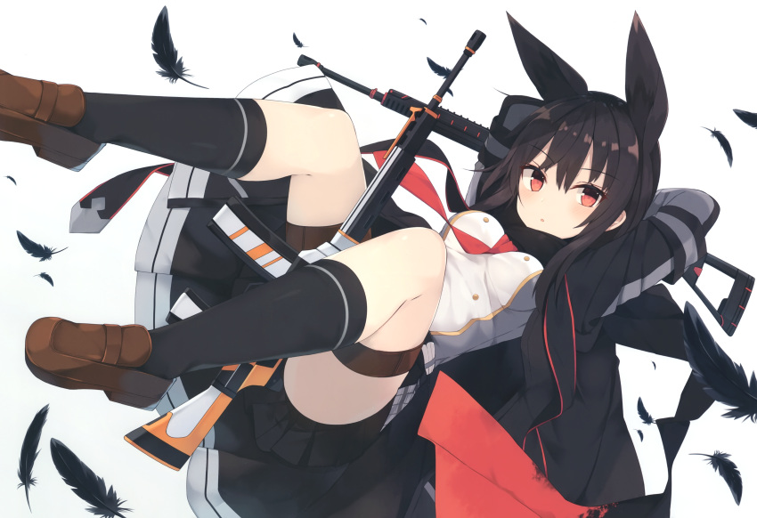 1girl :o absurdres animal_ears arms_behind_head arms_up ass assault_rifle between_legs black_hair black_jacket black_legwear black_scarf black_skirt blush breasts brown_footwear buttons double-breasted feathers grey_shirt gun gun_request hair_between_eyes highres holding holding_gun holding_weapon jacket kneehighs legs_up loafers long_hair long_sleeves looking_at_viewer medium_breasts miniskirt necktie nibiiro_shizuka open_clothes open_jacket original parted_lips pleated_skirt red_eyes red_neckwear rifle scan scarf shirt shoes short_over_long_sleeves short_sleeves sidelocks simple_background skirt solo thigh_strap thighs weapon white_background