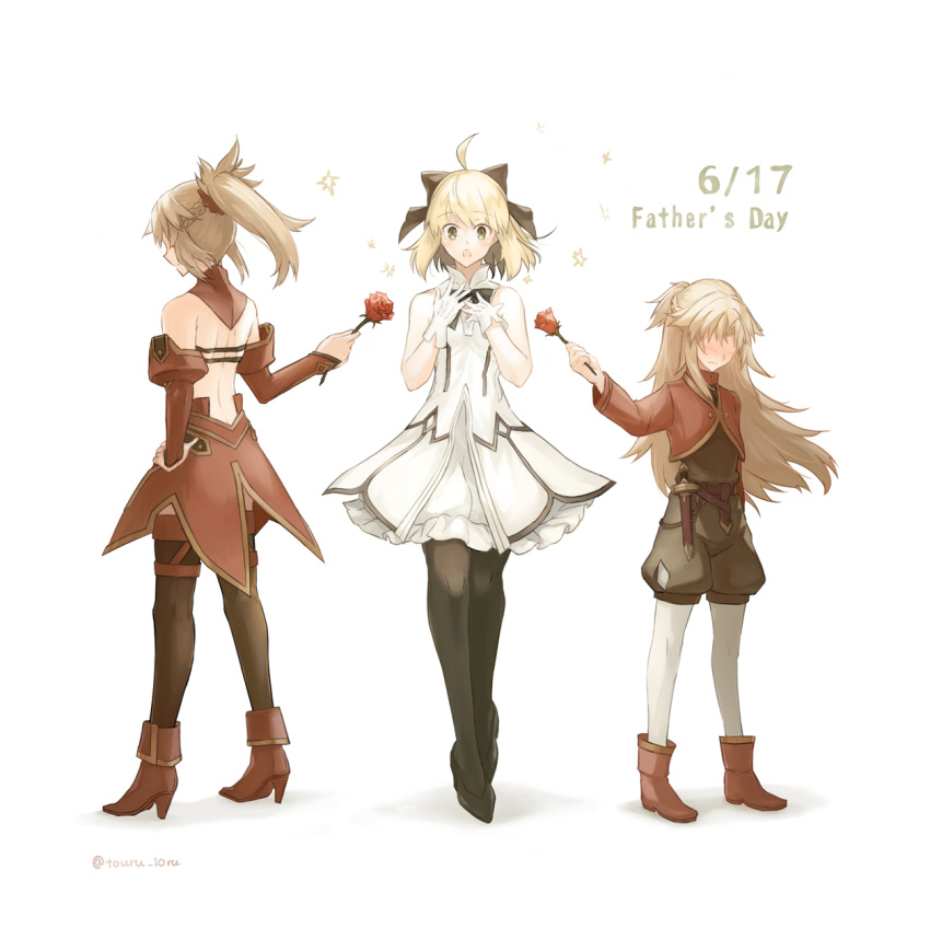 3girls artoria_pendragon_(all) backless_outfit black_bow black_legwear black_ribbon blonde_hair blush boots bow brown_shorts choker detached_sleeves dress fate_(series) father's_day full_body hair_bow hair_ornament hair_over_eyes hair_scrunchie hand_on_hip high_heel_boots high_heels high_ponytail highres long_hair long_sleeves mordred_(fate) mordred_(fate)_(all) multiple_girls neck_ribbon red_footwear red_scrunchie red_sleeves ribbon saber_lily scrunchie short_dress shorts simple_background sleeveless sleeveless_dress standing strapless strapless_dress thigh-highs touru_10ru white_background white_dress