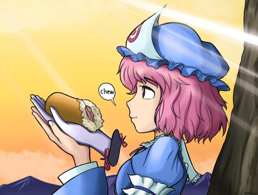 1girl commentary disembodied_limb eating english_commentary english_text food gap giantcavemushroom hat highres jojo_no_kimyou_na_bouken meme pale_skin pink_hair saigyouji_yuyuko sandwich short_hair speech_bubble sunlight touhou yellow_sky