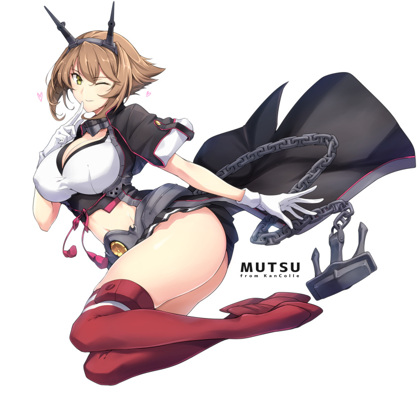 1girl anchor ass black_capelet black_jacket black_skirt breasts brown_hair capelet chains character_name cleavage collarbone copyright_name finger_to_mouth full_body gloves green_eyes harukon_(halcon) headgear highres jacket kantai_collection large_breasts looking_at_viewer midriff mutsu_(kantai_collection) one_eye_closed pleated_skirt red_legwear remodel_(kantai_collection) short_hair simple_background sketch skirt smile solo striped striped_legwear striped_skirt thigh-highs white_background white_gloves