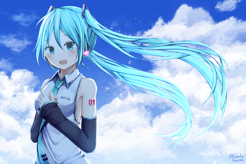 1girl :d absurdres bare_shoulders black_sleeves blue_sky blush breasts clouds cloudy_sky collared_shirt commentary_request day detached_sleeves green_eyes green_hair green_neckwear hair_ornament hamayuu_(litore) hands_together hatsune_miku head_tilt headphones highres long_hair long_sleeves necktie open_mouth outdoors own_hands_together shirt sky sleeveless sleeveless_shirt sleeves_past_wrists small_breasts smile solo tie_clip twintails twitter_username upper_body very_long_hair vocaloid white_shirt