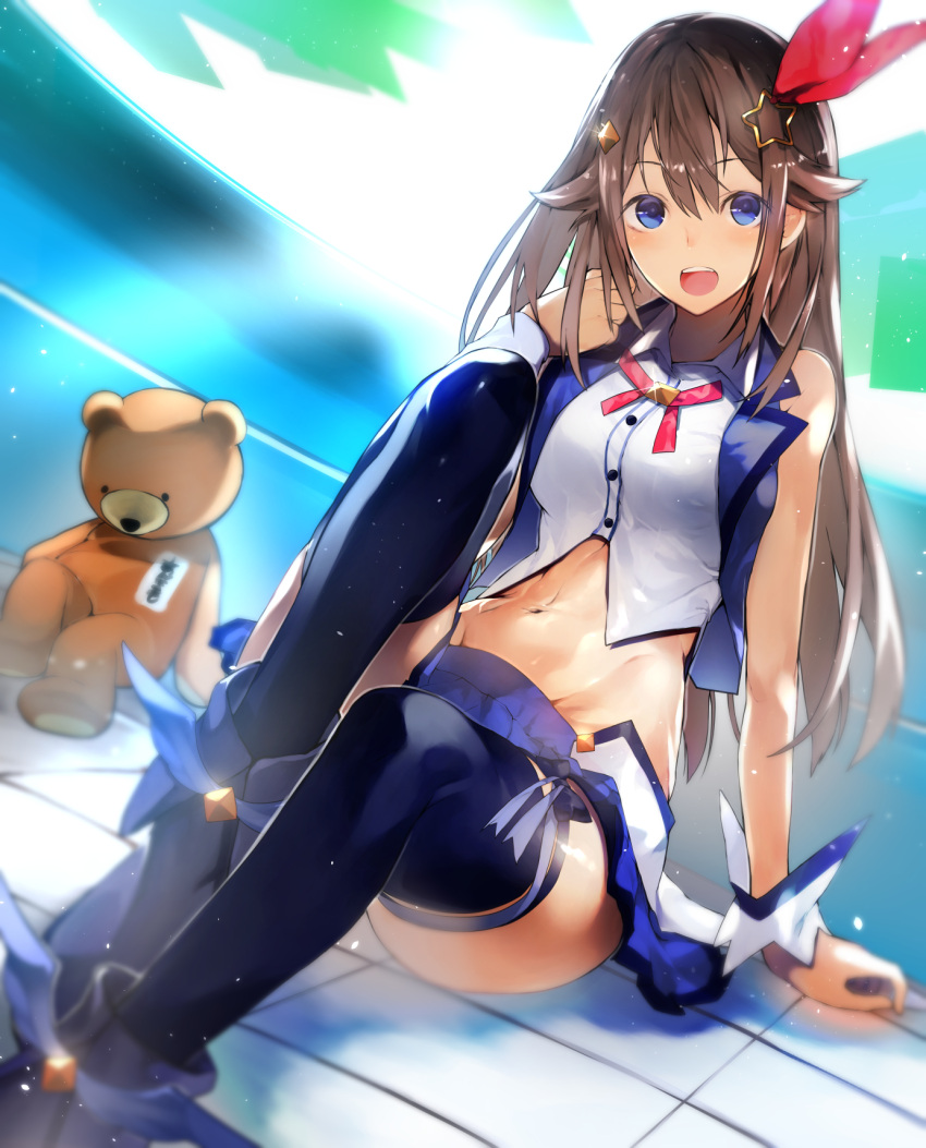 1girl bangs bare_arms bare_shoulders blue_eyes blurry breasts brown_hair depth_of_field groin hair_between_eyes hair_flaps hand_up highres hip_focus knee_up light_particles long_hair looking_at_viewer navel nishiide_kengorou open_mouth solo stomach stuffed_animal stuffed_toy teddy_bear tokino_sora tokino_sora_channel toned virtual_youtuber