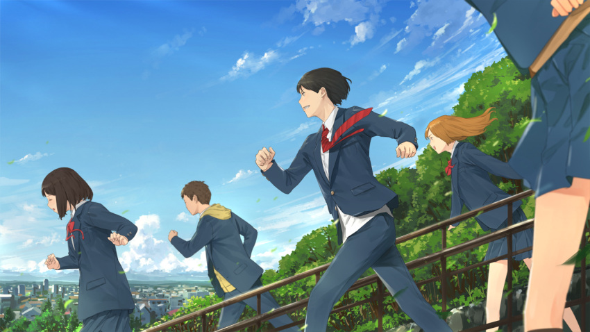 2boys 3girls black_hair blazer blurry bow bowtie brown_hair city closed_eyes clouds depth_of_field happy horizon jacket long_hair multiple_boys multiple_girls necktie original pleated_skirt railing running school_uniform short_hair skirt sky smile somehira_katsu stairs training tree