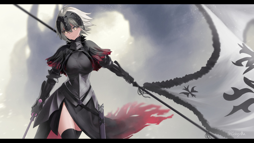 1girl absurdres armor armored_dress banner black_dress black_legwear breasts celeryma cowboy_shot dress eyebrows_visible_through_hair fate/grand_order fate_(series) faulds gauntlets grey_eyes headpiece highres holding holding_sword holding_weapon jeanne_d'arc_(alter)_(fate) jeanne_d'arc_(fate)_(all) large_breasts looking_at_viewer shiny shiny_skin short_hair side_slit silver_hair solo standing sword thigh-highs weapon