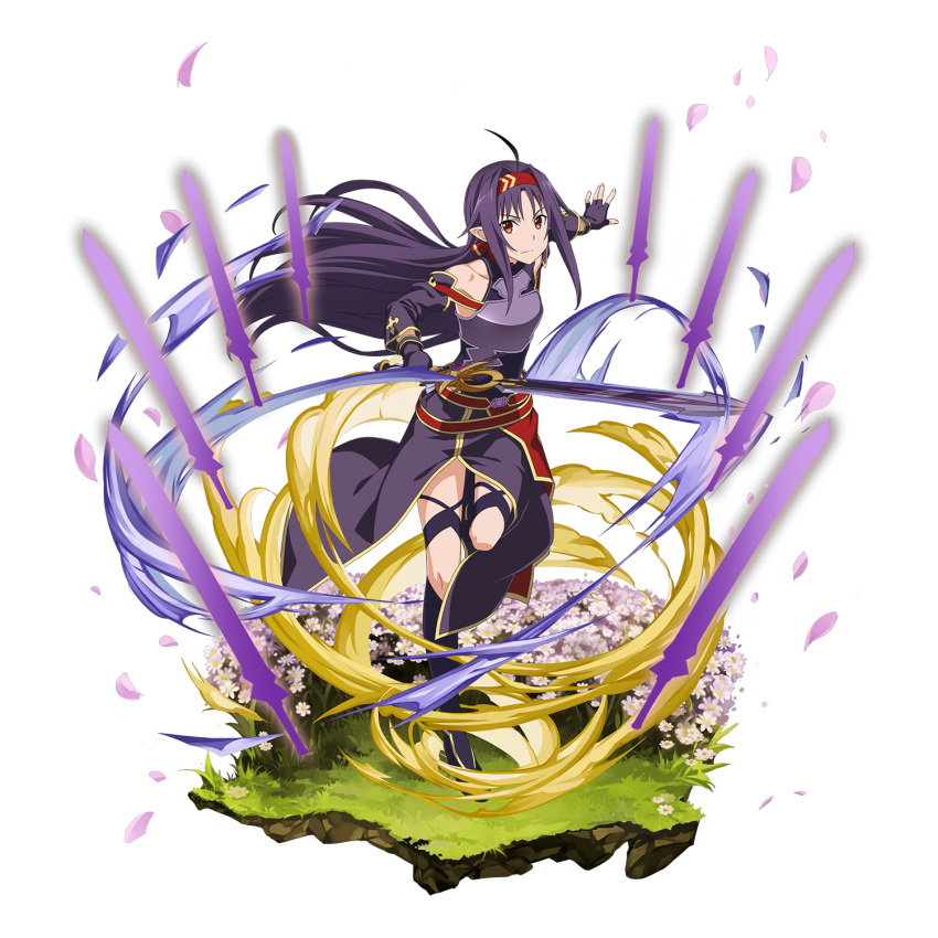 1girl ahoge breastplate cherry_blossoms detached_sleeves fingerless_gloves floating_hair full_body gloves hair_intakes hairband highres holding holding_sword holding_weapon leg_up long_hair long_sleeves looking_at_viewer official_art pointy_ears purple_gloves purple_hair purple_skirt purple_sleeves red_eyes red_hairband side_slit skirt solo standing standing_on_one_leg sword sword_art_online transparent_background very_long_hair weapon yuuki_(sao)