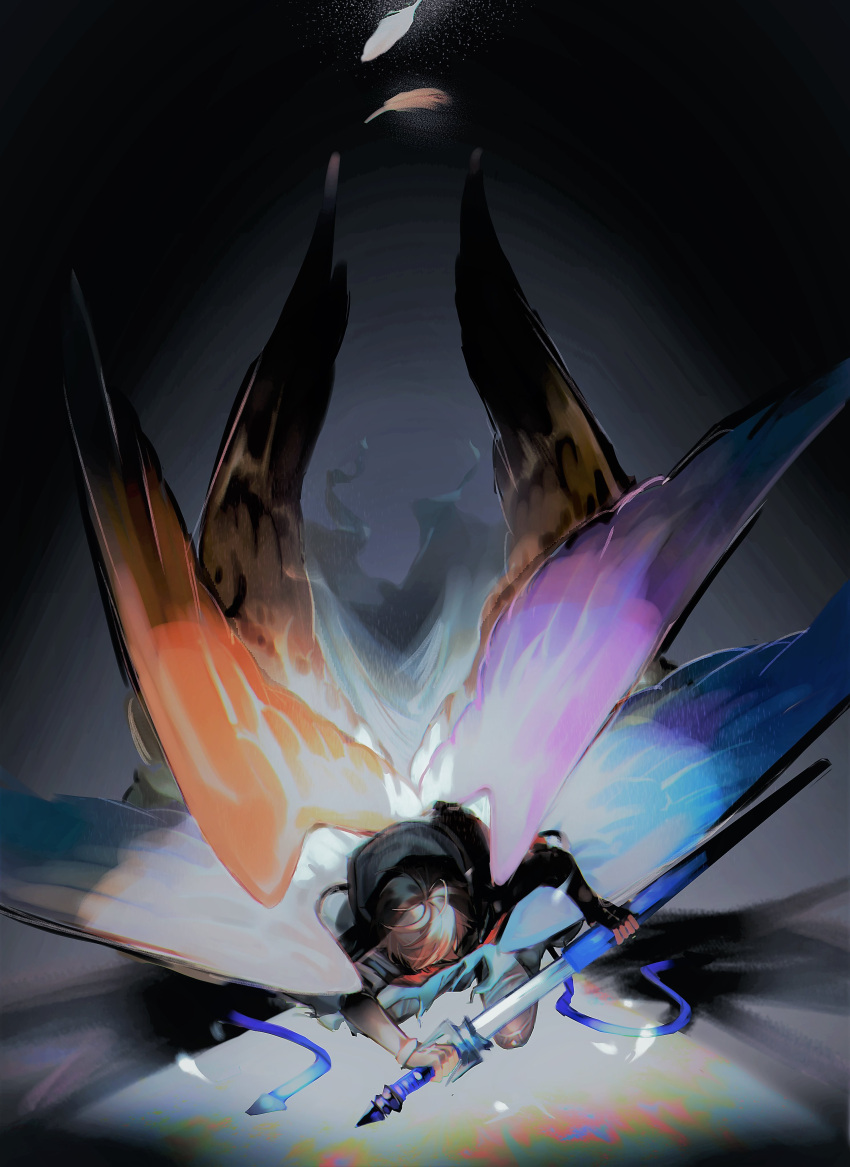 1boy absurdres armor brown_hair enenen_5 feathered_wings feathers gloves granblue_fantasy highres hood hood_down male_focus multicolored multicolored_wings multiple_wings sandalphon_(granblue_fantasy) seraph sheath short_hair solo sword unsheathing weapon wings
