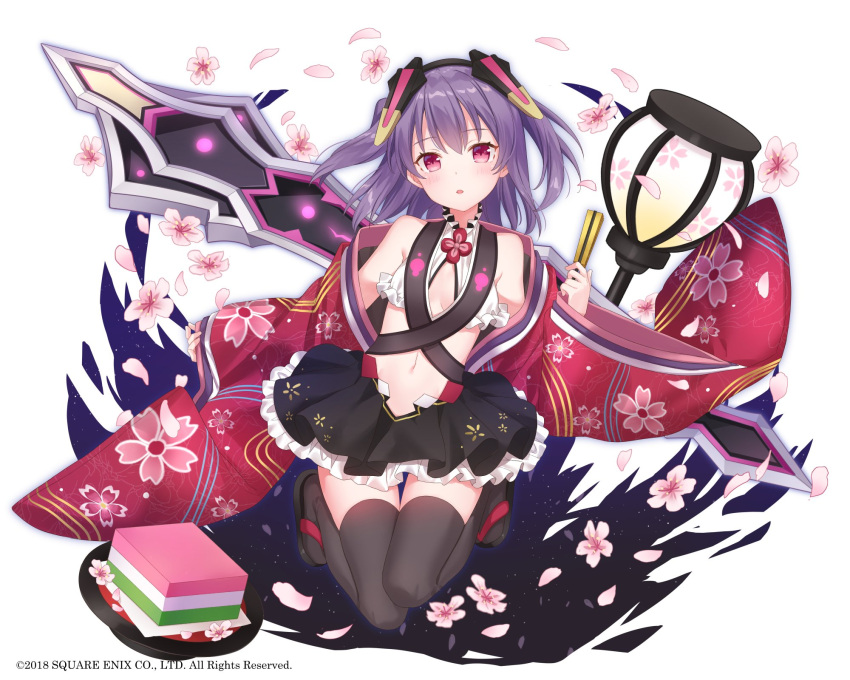 1girl :o bare_shoulders black_legwear black_skirt blush breasts cherry_blossoms cleavage_cutout closed_fan crop_top fan floating_hair floral_print flower folding_fan food food_request frilled_skirt frills full_body han-gyaku-sei_million_arthur hand_up head_tilt headgear highres holding holding_fan japanese_clothes jimmy lamppost legs_up long_hair long_sleeves looking_at_viewer midriff million_arthur_(series) miniskirt navel off_shoulder open_clothes parted_lips petals pink_flower plate purple_hair red_eyes sidelocks skirt sky sleeveless sleeves_past_wrists small_breasts solo star_(sky) starry_sky stomach sword thigh-highs two_side_up wagashi watermark weapon wide_sleeves zettai_ryouiki zouri