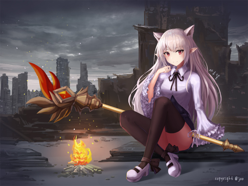 1girl animal_ears artist_name black_legwear building campfire cityscape commission crossed_ankles dew_(7302235) fire frilled_sleeves frills grey_sky hand_up long_hair long_sleeves original outdoors pointy_ears red_eyes ruins sitting skyscraper smile staff thigh-highs very_long_hair white_footwear white_hair wide_sleeves