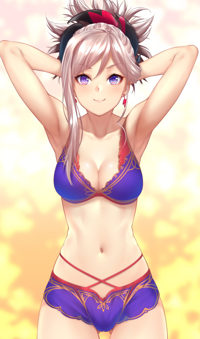 1girl absurdres armpits arms_up bikini blush breasts cleavage earrings fate/grand_order fate_(series) highres jewelry long_hair looking_at_viewer midriff miyamoto_musashi_(fate/grand_order) navel pink_hair ponytail smile solo swimsuit violet_eyes zucchini