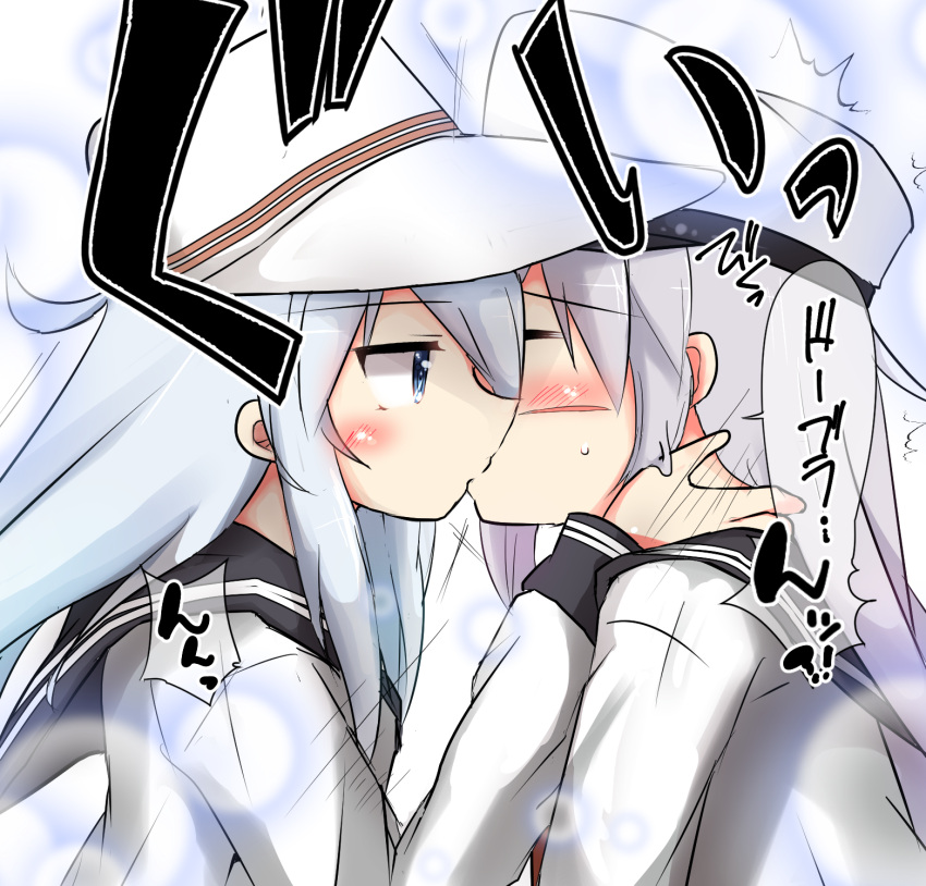 blue_eyes closed_eyes commentary_request cosplay facial_scar flat_cap gangut_(kantai_collection) grey_hair hat hibiki_(kantai_collection) hibiki_(kantai_collection)_(cosplay) highres jacket kantai_collection kiss long_hair long_sleeves peaked_cap scar scar_on_cheek school_uniform serafuku silver_hair speech_bubble translation_request verniy_(kantai_collection) white_hat white_jacket younger yuri yuu_(alsiel)