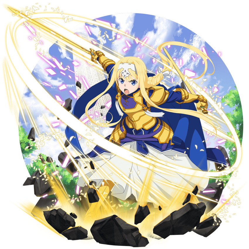 1girl alice_schuberg armor armored_boots armored_dress blonde_hair blue_dress blue_eyes boots braid braided_ponytail dress faulds floating_hair full_body gauntlets hair_ribbon hairband hat highres holding holding_hat holding_sword holding_weapon leaning_forward long_hair long_skirt open_mouth osmanthus_blade outstretched_arms ponytail ribbon shoulder_armor single_braid skirt solo spaulders sword sword_art_online very_long_hair weapon white_hairband white_ribbon white_skirt yellow_footwear