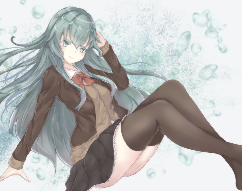 1girl aqua_eyes aqua_hair ascot blue_background blush breasts brown_jacket brown_legwear brown_skirt bubble_background cardigan collared_shirt eyebrows_visible_through_hair gradient gradient_background hair_between_eyes hair_ornament hairclip highres jacket kantai_collection long_hair long_sleeves looking_at_viewer medium_breasts open_cardigan open_clothes orange_neckwear pleated_skirt remodel_(kantai_collection) sa-ya2 school_uniform shirt skirt smile solo suzuya_(kantai_collection) thigh-highs vest white_shirt