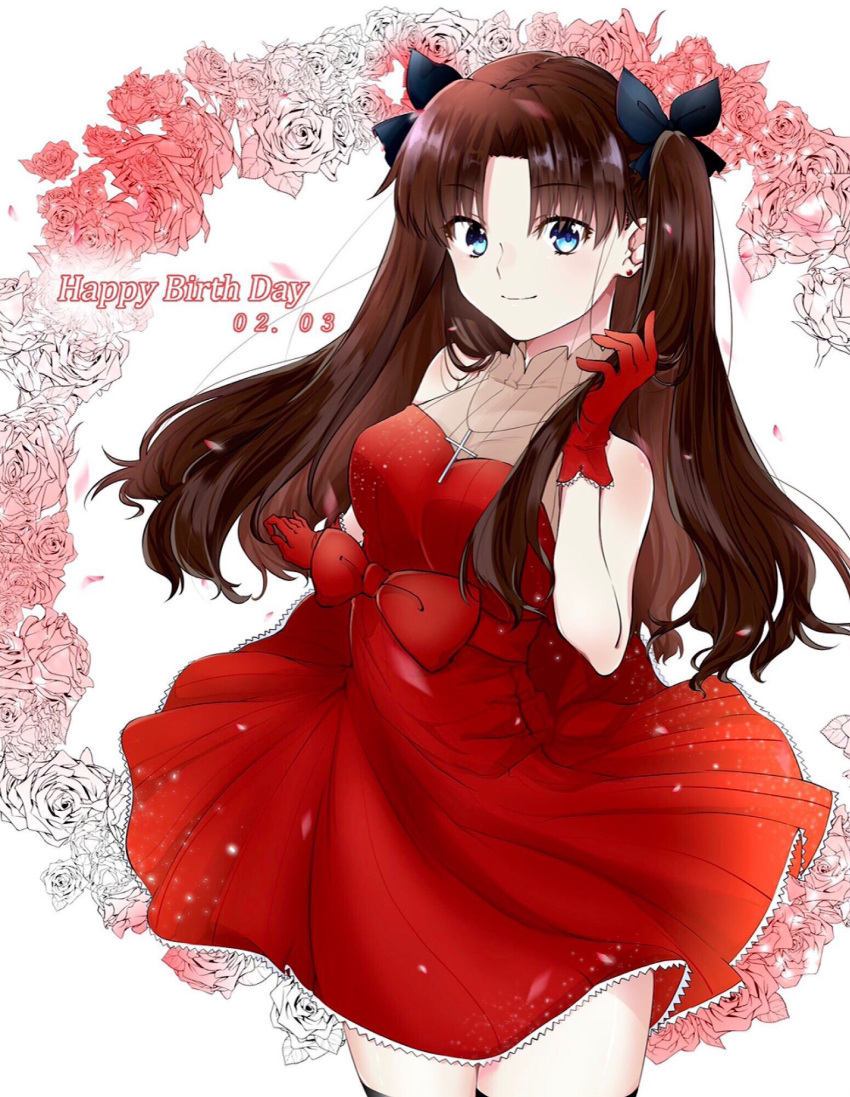 1girl black_bow black_legwear blue_eyes bow brown_hair cowboy_shot dress earrings eyebrows_visible_through_hair fate/stay_night fate_(series) floating_hair frilled_dress frills fuji_(pixiv17518157) gloves hair_bow happy_birthday highres holding holding_hair jewelry long_hair looking_at_viewer pleated_dress red_bow red_dress red_gloves shiny shiny_hair short_dress sleeveless sleeveless_dress smile solo standing thigh-highs tohsaka_rin white_background zettai_ryouiki