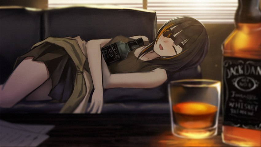 1girl bangs blinds blurry_foreground blush bottle breasts brown_hair closed_eyes clothes_around_waist cup drunk empty eyepatch girls_frontline highres indoors jack_daniel's jacket jacket_around_waist lodbyy long_hair lying m16a1_(girls_frontline) mole mole_under_eye multicolored_hair object_hug on_side scar skirt smile solo streaked_hair tank_top window