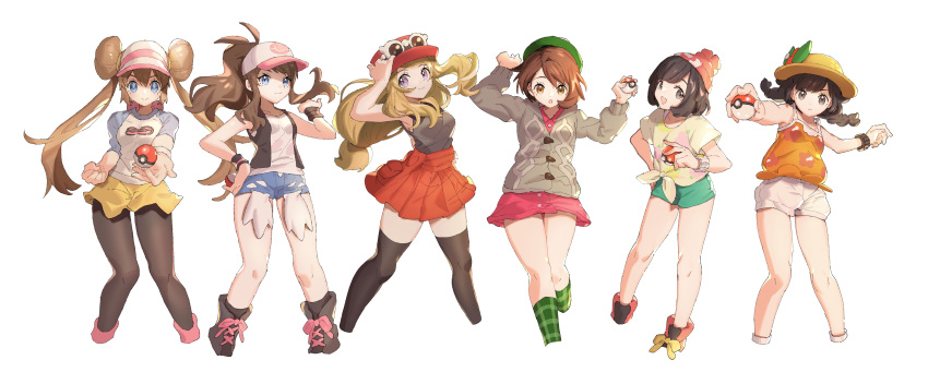 6+girls absurdres ankea_(a-ramo-do) beanie black_hair black_legwear blonde_hair brown_hair creatures_(company) cropped_legs dual_persona female_protagonist_(pokemon_swsh) floral_print game_freak hat highres hood hooded_sweater legwear_under_shorts long_hair looking_at_viewer low-tied_long_hair mei_(pokemon) multiple_girls nintendo pantyhose poke_ball poke_ball_(generic) pokemon pokemon_(game) pokemon_bw pokemon_bw2 pokemon_sm pokemon_swsh pokemon_usum pokemon_xy serena_(pokemon) shirt shorts simple_background skirt sleeveless smile sweater thigh-highs tied_shirt touko_(pokemon) twintails vest visor_cap white_background