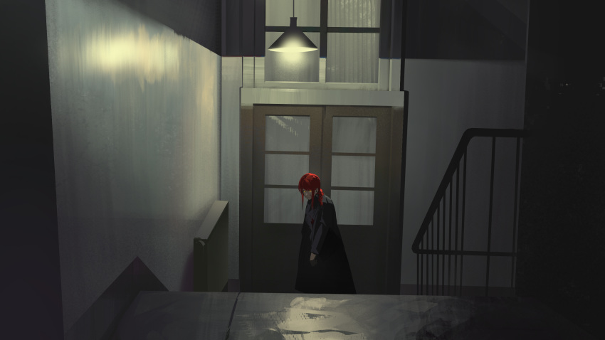 1girl absurdres black_coat blood blood_on_face braid ceiling_light chainsaw_man closed_mouth coat door highres indoors looking_at_viewer makima_(chainsaw_man) redhead rocher-hd single_braid solo stairs symbol-only_commentary wide_shot yellow_eyes