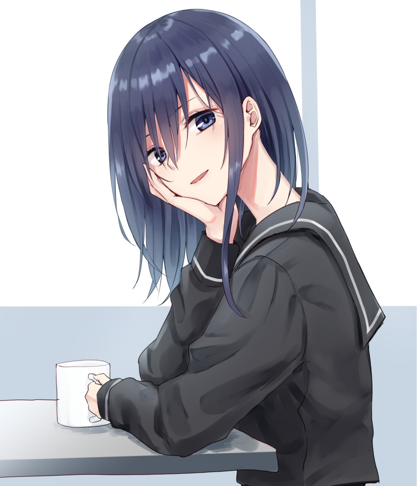 1girl black_sailor_collar black_shirt blue_eyes blue_hair chin_rest coffee_mug cup hair_between_eyes hand_up head_tilt highres holding holding_cup indoors long_hair long_sleeves looking_at_viewer mug original parted_lips piripun sailor_collar school_uniform serafuku shirt sidelocks sitting smile solo table upper_body